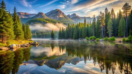 Obraz premium Serene morning mist rises above the towering pine trees and lush green forests surrounding the tranquil Bear Lake in Estes Park, Colorado.