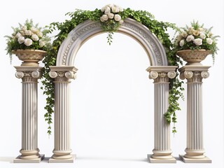 Naklejka premium Elegant wedding arch with ornate columns and delicate details stands isolated on a pure white background, perfect for romantic and luxurious wedding themes.