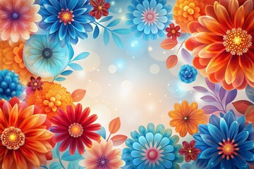 Vibrant abstract flowers in transparent shades of blue, orange, pink, and red adorn a beautiful banner on a light background, perfect for celebratory occasions.
