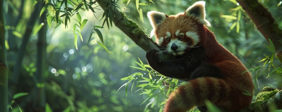 Sly red panda climbing a tree in the bamboo forest, 4K hyperrealistic photo
