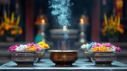 Decorated altar with incense smoke rising, creating a traditional ambiance