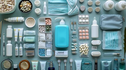 Neatly organized health and safety items such as a first aid kit, hand sanitizer, face masks, travel insurance card, and vitamins, displayed with a clear area in the center for text, featuring a minim