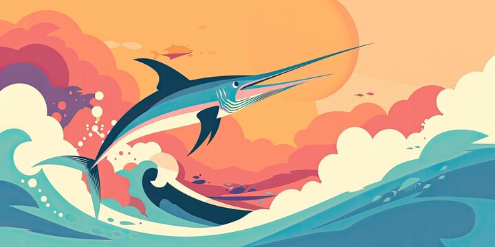 Swordfish leaping from turquoise waves.