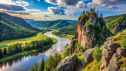Naklejka premium Serene rural landscape featuring a rocky outcropping in the foreground and a scenic panorama of the Yenisei River, surrounded by lush greenery and mountains.