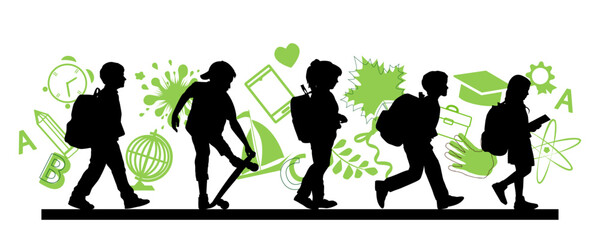 Back to school. Children going to school, pupils silhouettes with green icons on white background. Vector illustration.	
