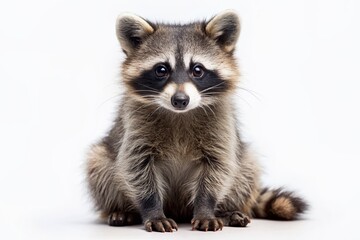 Adorable raccoon with black mask and bushy tail sitting upright on a clean white background, looking directly at the camera with curious eyes.