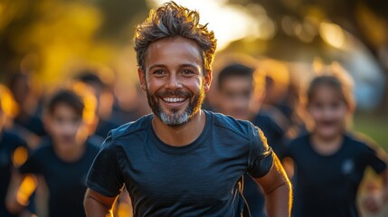 Fototapeta premium Teacher Leading Outdoor Physical Education Class With Smiling Students Engaged in Activity During Golden Hour