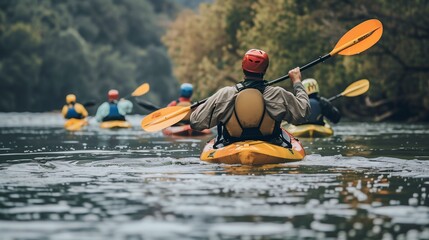 A group of kayakers wearing helmets and life jackets paddling down a calm river surrounded by lush greenery.
