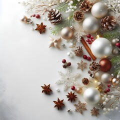 Christmas white background with christmas balls and decoration.