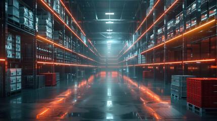 Smart warehouse logistic,  Innovative warehouse designed with dazzling holographic interfaces showing stock levels, autonomous sorting machines working methodically, and bright