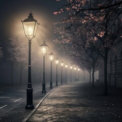 A serene cobblestone street lined with cherry blossoms and vintage streetlights, shrouded in mist during the night. Perfect for romantic scenes, cityscapes, and tranquil urban settings.