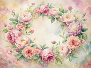 Softly delicate watercolor rose wreath with peonies on a gentle, dreamy background, perfect as a beautiful postcard, picture, or wallpaper, evoking elegance and romance.