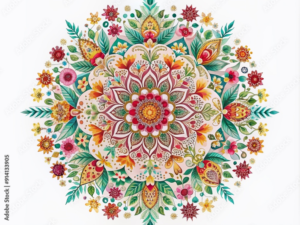 Poster intricately detailed bohemian mandala with vibrant floral patterns and geometric shapes on a crisp w