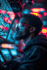 Fototapeta premium ethical hacking, An engrossed hacker sits in profile, his glasses reflecting intricate source code from a hovering holographic display. The workspace is filled with gadgets and