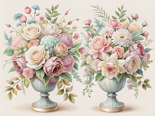 Obraz premium Delicate, identical flower arrangements in soft pastel hues, perfectly symmetrical and meticulously placed in ornate vases, ideal for wedding and greeting card designs, botanical illustrations.