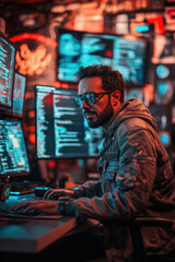 Fototapeta premium Ethical hacking, A focused ethical hacker sitting at a modern desk, surrounded by multiple screens displaying code and security alerts, in a dimly lit room filled with