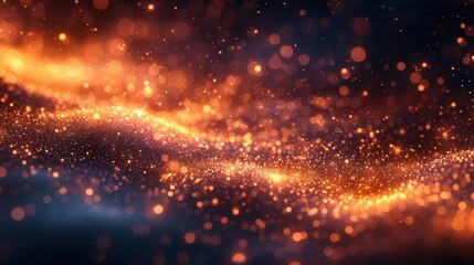 Abstract glowing particles emitting warm orange light creating a mesmerizing wave pattern on a dark background, perfect for a magical ambiance.