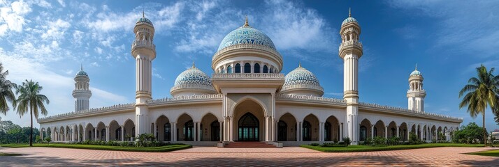 Fototapeta premium A grand white mosque with blue and gold accents and multiple domes under a blue sky