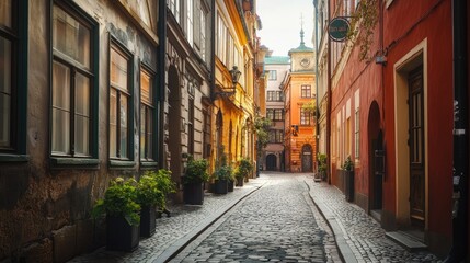 Fototapeta premium A charming street in a historic European city, with ornate architecture and space for a travel or cultural message.