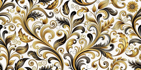 Luxurious abstract floral pattern featuring elegant black and gold swirls on a white background, perfect for wallpapers, textiles, and design projects requiring sophistication.