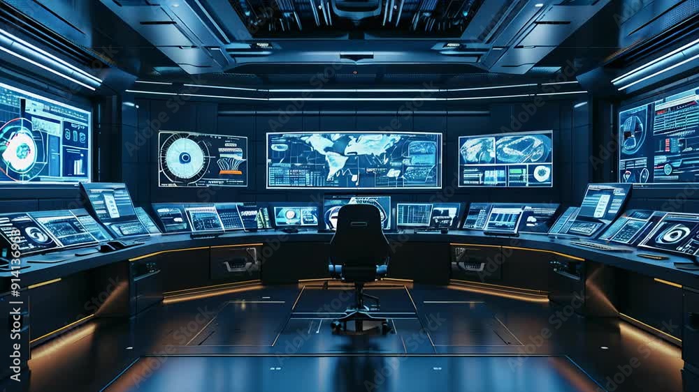 Poster explore a futuristic command center featuring multiple advanced control panels and interactive displ