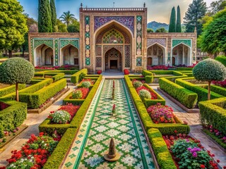 Obraz premium Intricately designed symmetrical Mughal-inspired garden with vibrant floral patterns, Persian influences, and ornate decorative elements adorn the lush green surroundings with majestic archways.