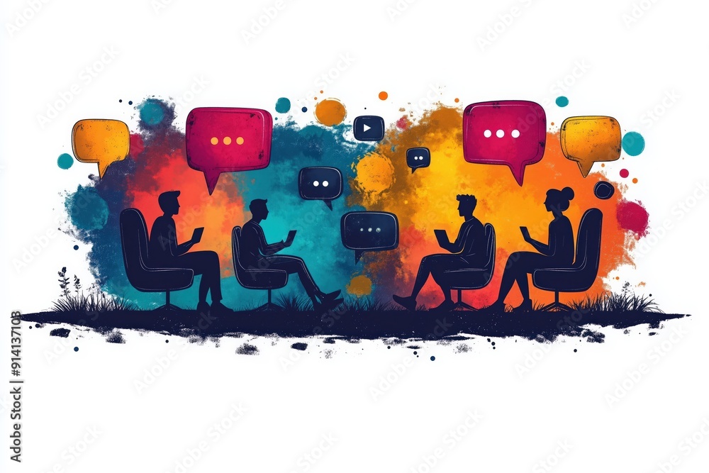 Wall mural social media listening, monitoring conversations, flat design illustration, no logo, no trademark, n