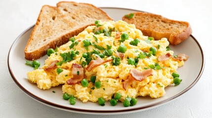 Scrambled eggs mixed with green peas and crispy bacon, accompanied by slices of whole grain toast, create a satisfying breakfast dish