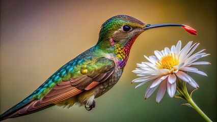 Fototapeta premium Vibrant hummingbird with iridescent feathers inserts beak into delicate white flower, sipping nectar, isolated on transparent background, showcasing intricate details and stunning natural beauty.