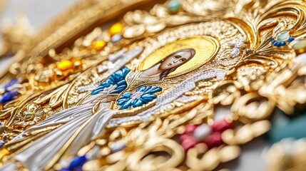 A close-up of an icon depicting the Transfiguration, with intricate gold and vivid colors on a white background.