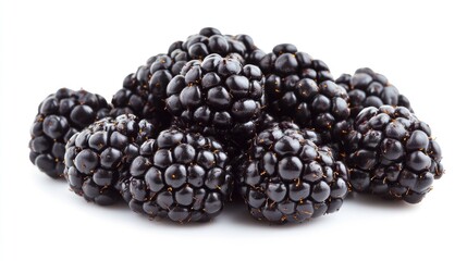 A cluster of blackberries, plump and juicy, arranged on a white background.
