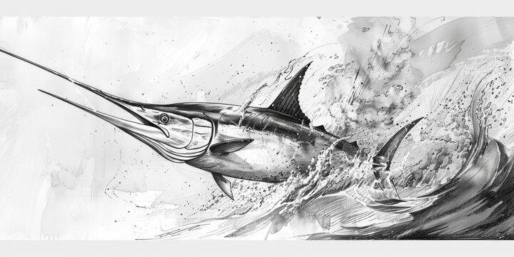 Black and white drawing of a marlin leaping from water.