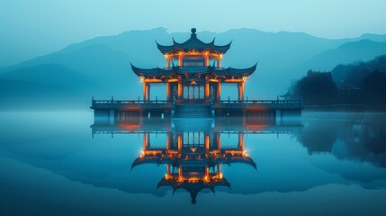Obraz premium A tranquil lakeside scene with a pagoda reflected in the water, all in shades of blue and gold