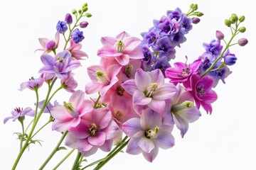 Obraz premium Delicate purple and pink larkspur flowers with intricate details and gentle curves isolated on a pure white background, showcasing their natural beauty and elegance.