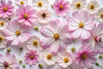 Obraz premium Delicate, feathery Cosmos flower petals gently scattered across a pristine white background, showcasing their intricate details and soft, romantic charm.