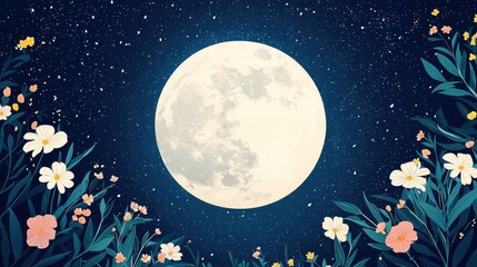Fototapeta premium A serene night scene featuring a luminous moon surrounded by colorful flowers, creating a calming atmosphere filled with stars.