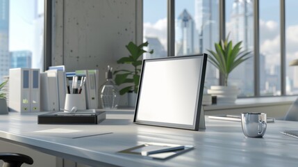 Fototapeta premium An office space with a sleek photo frame on the desk