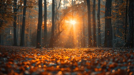 Sunlight streams through the trees, illuminating the forest floor covered with vibrant autumn leaves