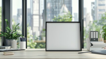 Fototapeta premium An office space with a sleek photo frame on the desk