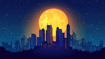 Fototapeta premium A vibrant city skyline illuminated by a large, glowing full moon against a starry night sky.