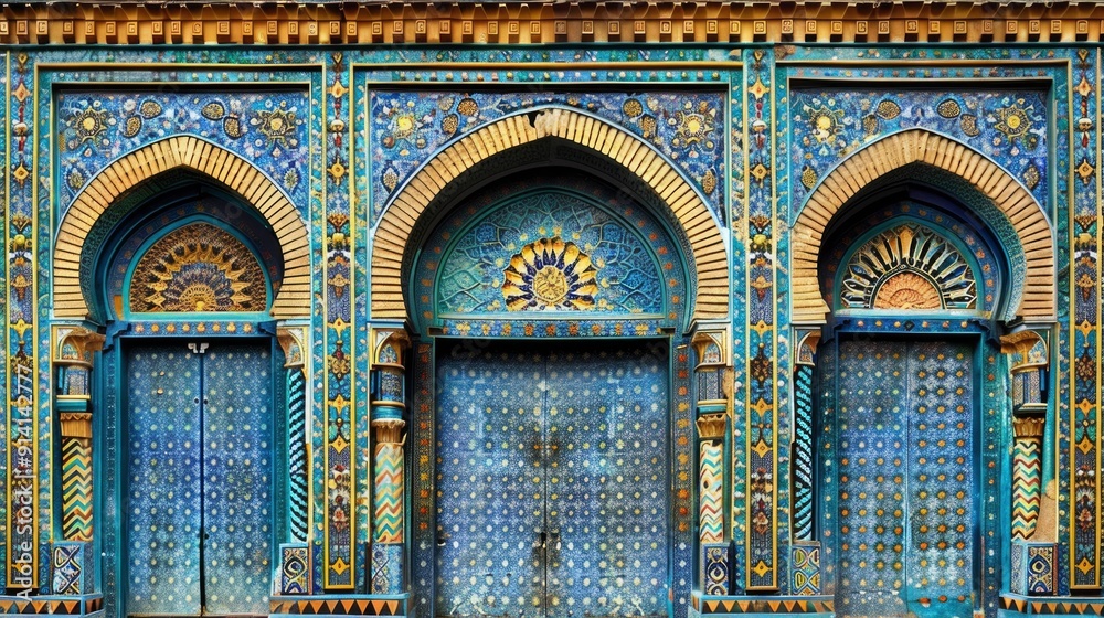 Wall mural Ornate Blue and Gold Mosaic Arched Entryway with Three Doors