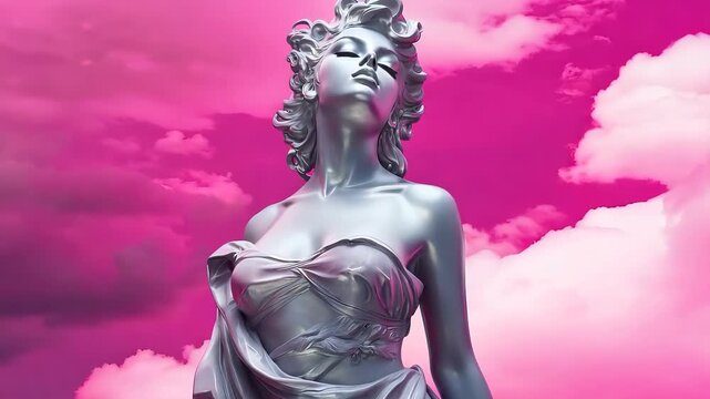 Silver statue of a woman against a pink sky, modern art concept