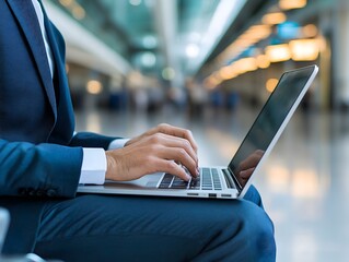 Businessman Working on Laptop at Airport Terminal