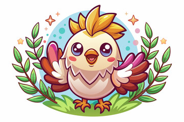 Fototapeta premium Cheerful Cartoon Bird with Wings Spread in a Green Setting