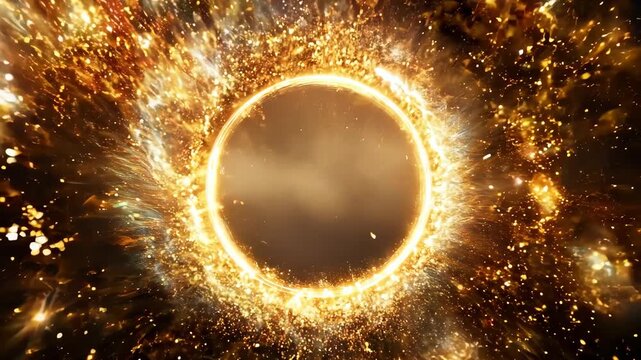 Golden energy ring with sparkling particles, cosmic abstract background. Futuristic theme