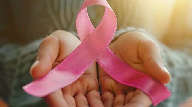 Child holding pink ribbon, breast cancer awareness, health and care concept