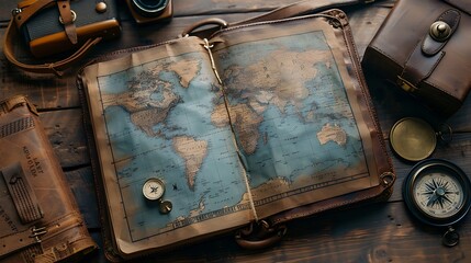 Naklejka premium Vintage travel essentials such as a vintage suitcase, classic camera, leather-bound journal, compass, and old-fashioned map, laid out neatly with blank space in the center for text, styled with a clea