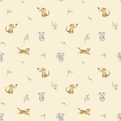 Seamless pattern with green eucalyptus leaves and cute tiger and koala. Watercolor isolated illustration on light orange background. Cartoon kids print with animals minimalist scandinavian style.