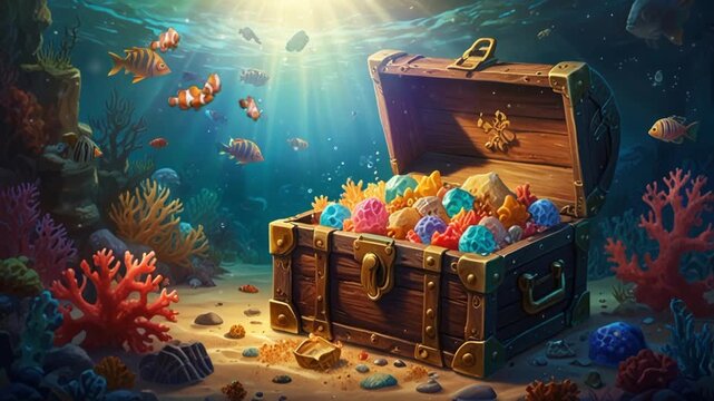 The open treasure chest contains colorful coral under the sea. Seamless looping 4k video animation