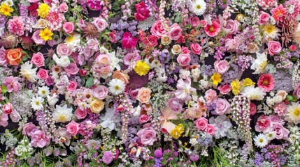 Fototapeta premium Beautiful colorful flower wall with a mix of roses, daisies, and other vibrant blooms creating a stunning floral background.